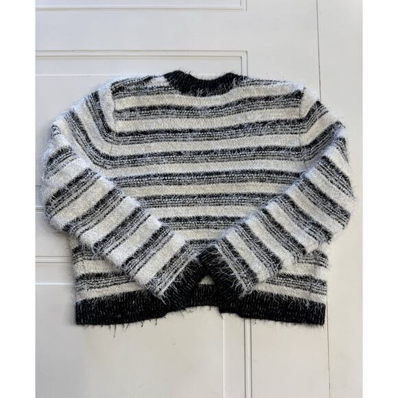 Calvin Klein Black White Striped Open Front Fuzzy Cardigan Sweater Size Medium - Picture 6 of 6